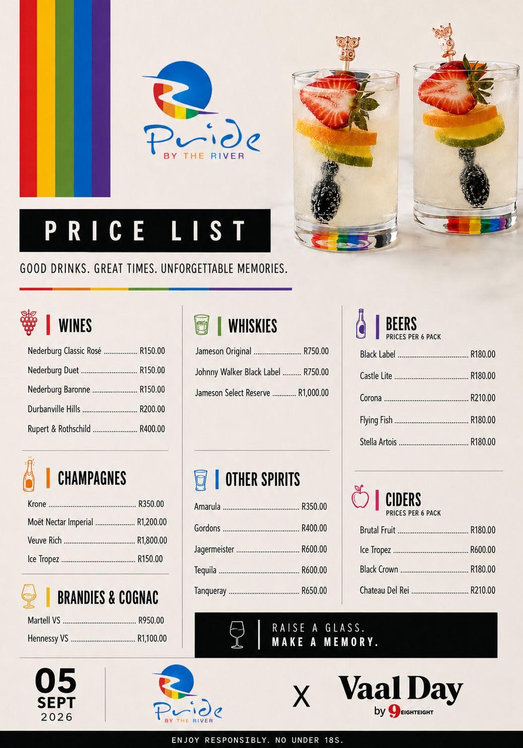 Vaal Pride by the River official beverage price list — wines, whiskies, beers, champagnes, spirits, ciders and brandies