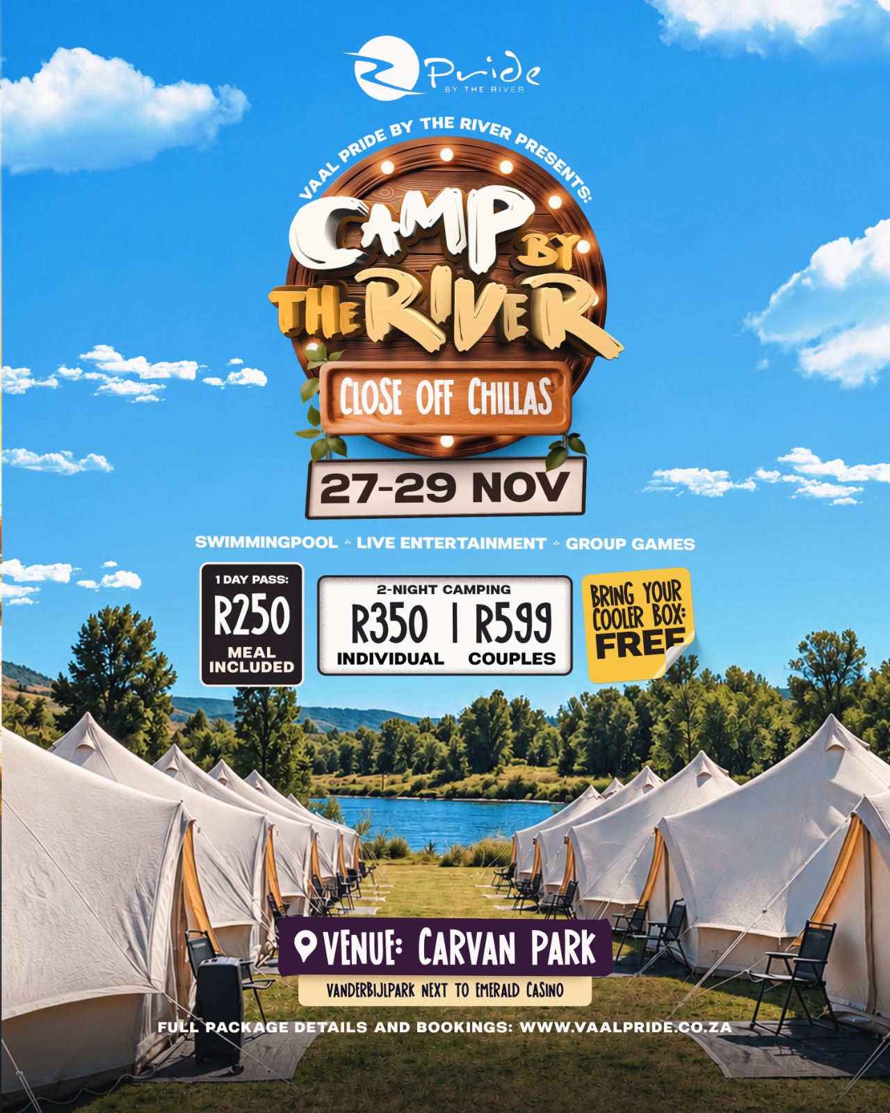 Camp by the River — Close Off Chillas flyer, 27–29 November at Caravan Park